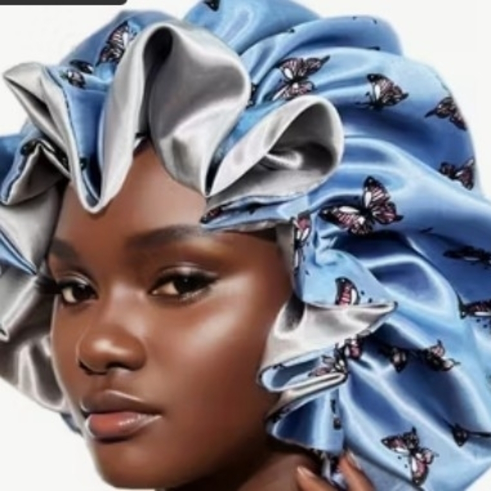 Butterfly Print Satin Hair Bonnet in Blue and Silver